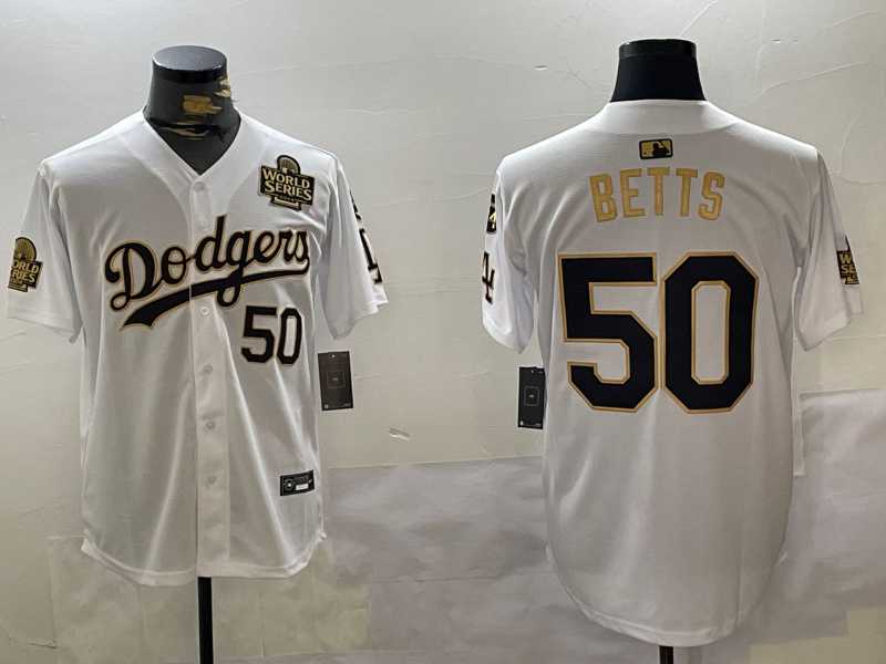 Men's Los Angeles Dodgers #50 Mookie Betts White Gold 2024 World Series With Fernando Memorial Patch Limited Stitched Jerseys,We sell and wholesale Men's Los Angeles Dodgers #50 Mookie Betts White Gold 2024 World Series With Fernando Memorial Patch Limited Stitched Jerseys on line form chian!